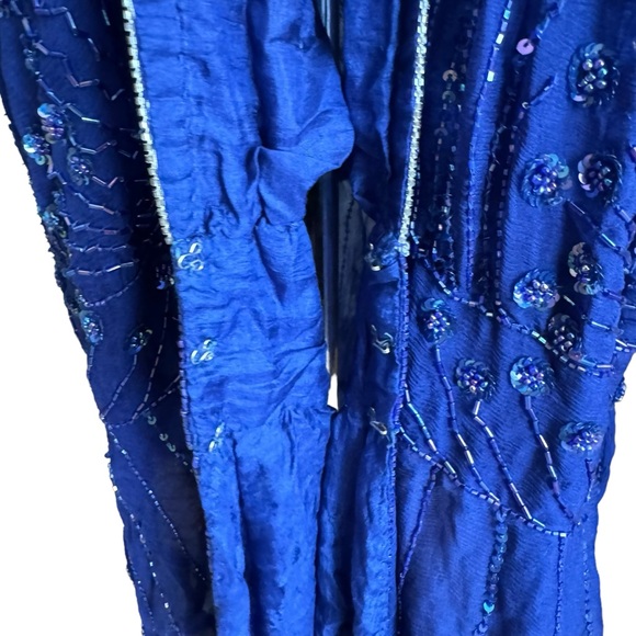 RARE Vintage 80s Judith Ann 2 pc Blue Silk Sequin Beaded Kimono Jacket and Dress - Picture 9 of 16